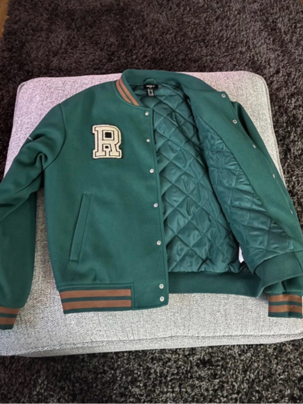 Varsity Green Quilted-Lined Bomber Jacket with Brown Stripe Trim and Patch